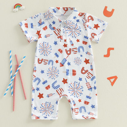 Baby Boy Rompers Half Button-up Jumpsuit Short Sleeve Bodysuit Summer Clothes
