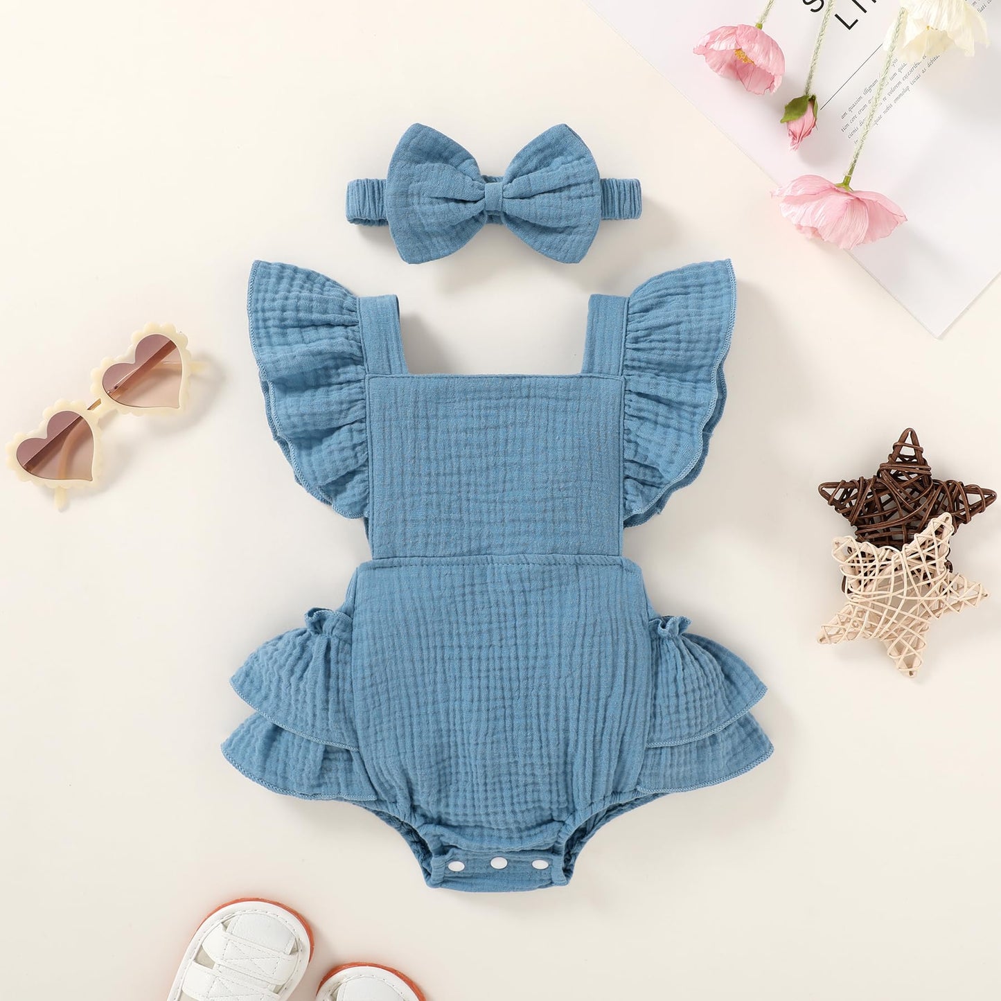 Happy Town Baby Girl Clothes Toddler Summer Linen Romper Sleeveless Ruffle Outfits Infant Girls Jumpsuit with Headband