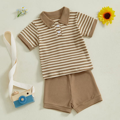Kuriozud Newborn Baby Boy Summer Clothes Button Short Sleeve Romper Bodysuit Shorts Set Toddler Soft Waffle Outfit