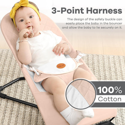 HKAI Baby Bouncer, Portable Baby Bouncer Seat for Babies 0-18 Months, 100% Cotton Fabrics, 3 Modes of use with Rocker and Stationary Options, Infant Rocker Chair with Hanging Toys-Organic Oat