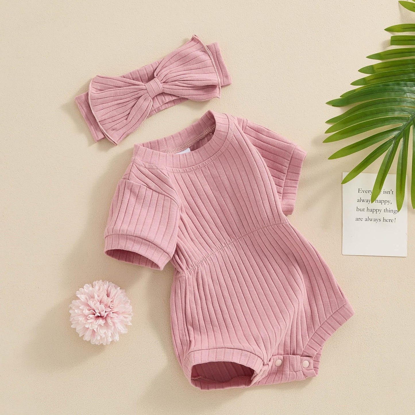 Baby Girl Summer Clothes Ribbed Short Sleeve Romper Solid Color Bodysuits Bow Headband Outfit Newborn Girl Jumpsuit
