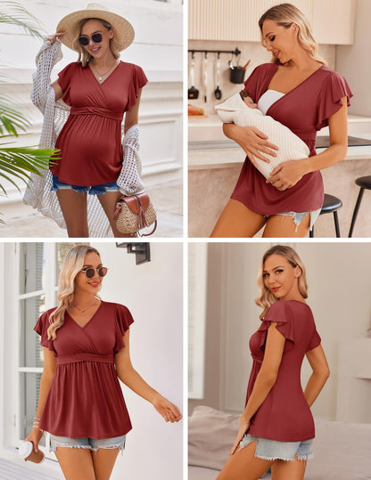 Ekouaer Maternity Shirts 3 Packs Flying Short Sleeve Nursing Tops Pregnancy Clothes