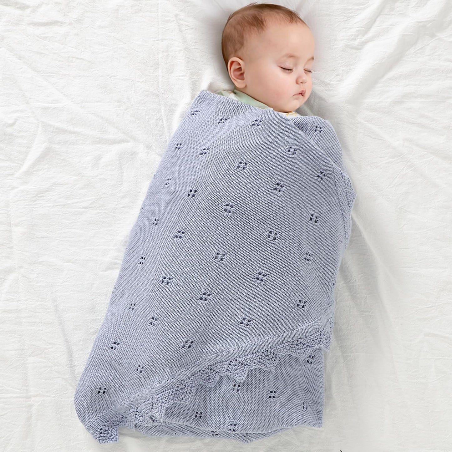 mimixiong Cotton Baby Blanket Knitted Crochet Receiving Crib Nursery Swaddling Blankets for Newborn Baby Boy Girl Off White 30x40 Inch