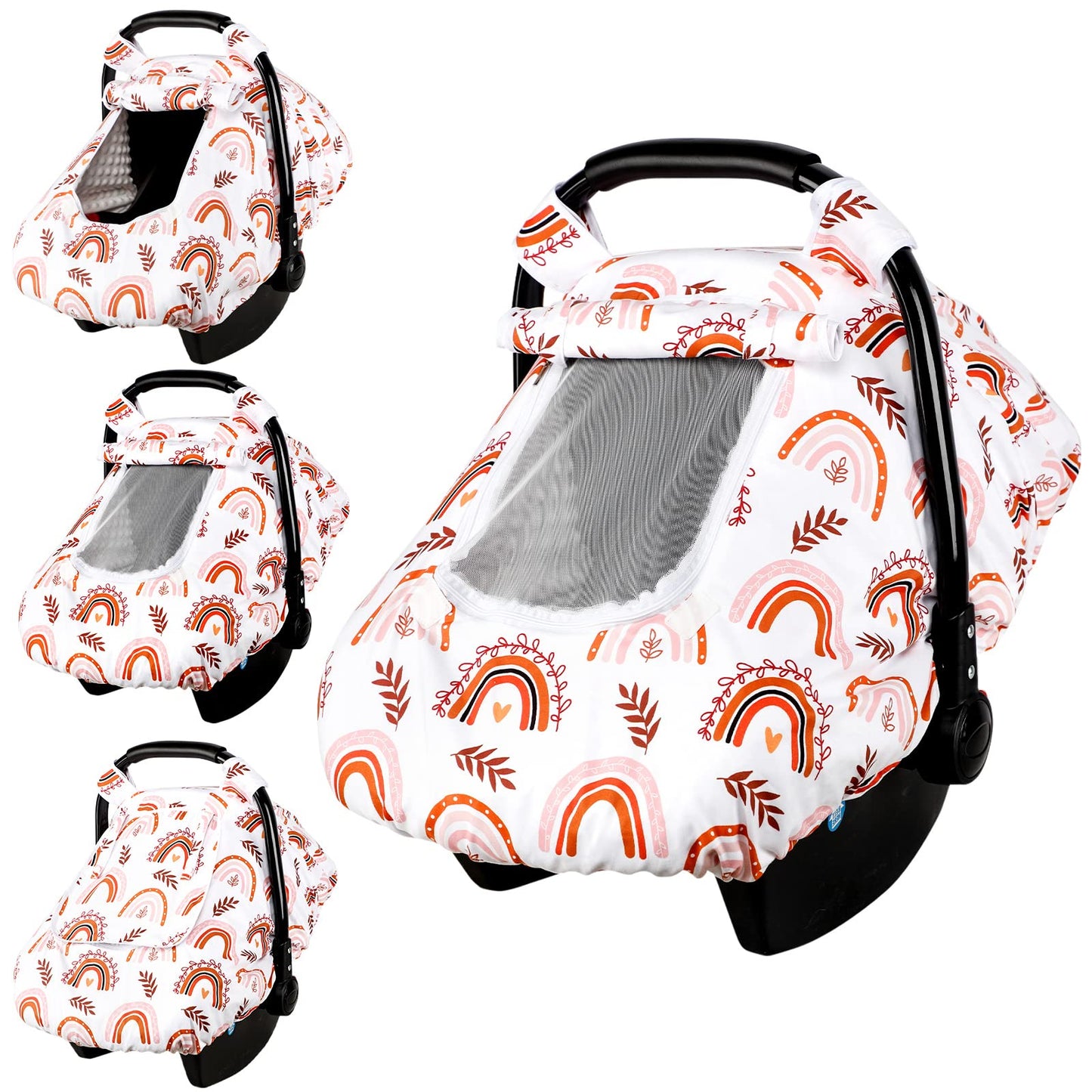 Pea Pod Car Seat Cover Baby, Infant Car Seat Canopy Covers for Newborn with 2 Layers Windows of Breathable Mesh Fabric, Lightweight Polyester/Soft Minky Dot Backing (Floral & Rainbow)