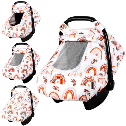 Pea Pod Car Seat Cover Baby, Infant Car Seat Canopy Covers for Newborn with 2 Layers Windows of Breathable Mesh Fabric, Lightweight Polyester/Soft Minky Dot Backing (Floral & Rainbow)