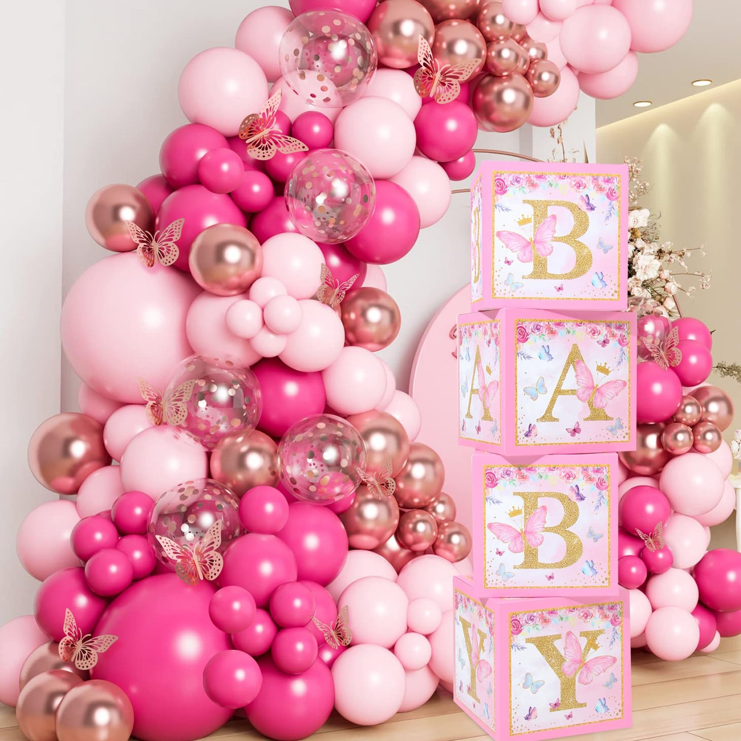 Pink Butterfly Baby Shower Decorations for Girl，Pink Balloon Garland Arch Kit，Pink Butterfly Baby Boxes and Butterfly Backdrop Kit for Baby Shower Butterfly Decorations Birthday Party Decor
