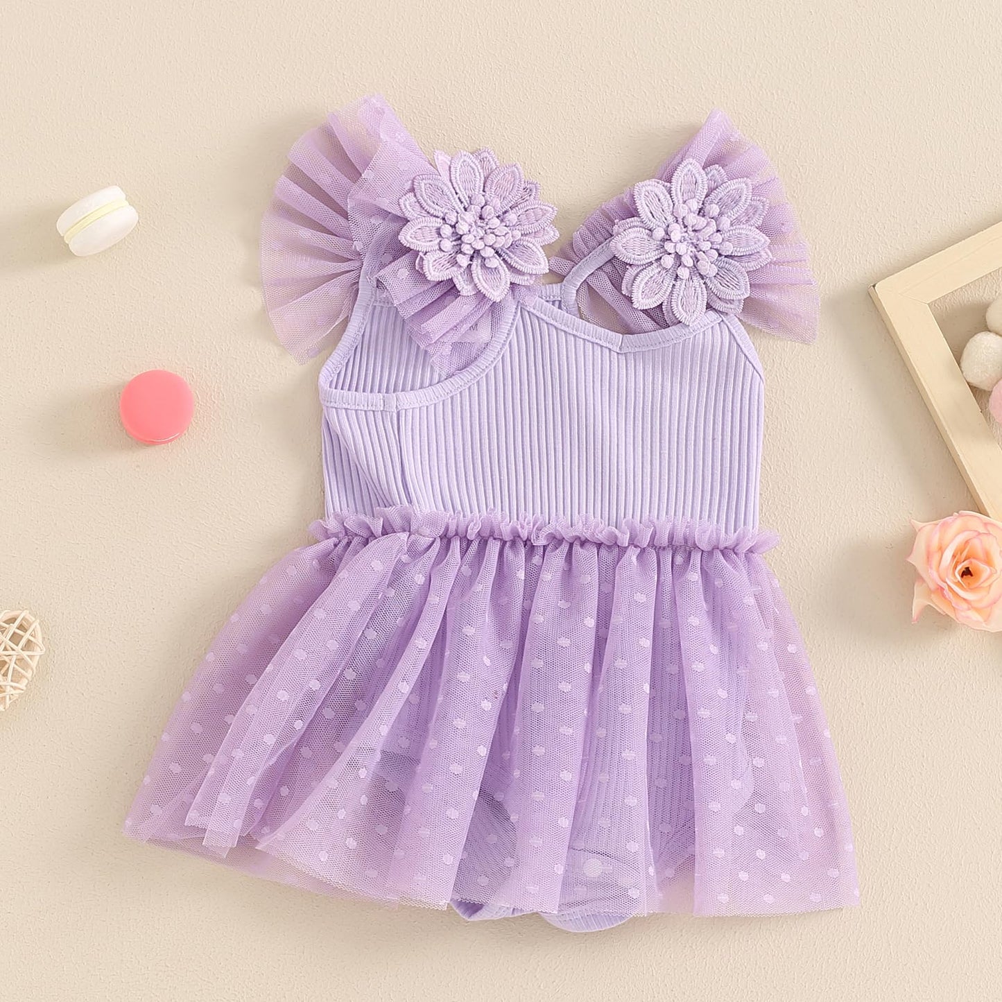 Hnyenmcko Newborn Baby Girl Summer Romper Dress Infant Fly Sleeve Flower Embroidery Mesh Tulle Skirt Hem Ribbed Bodysuit