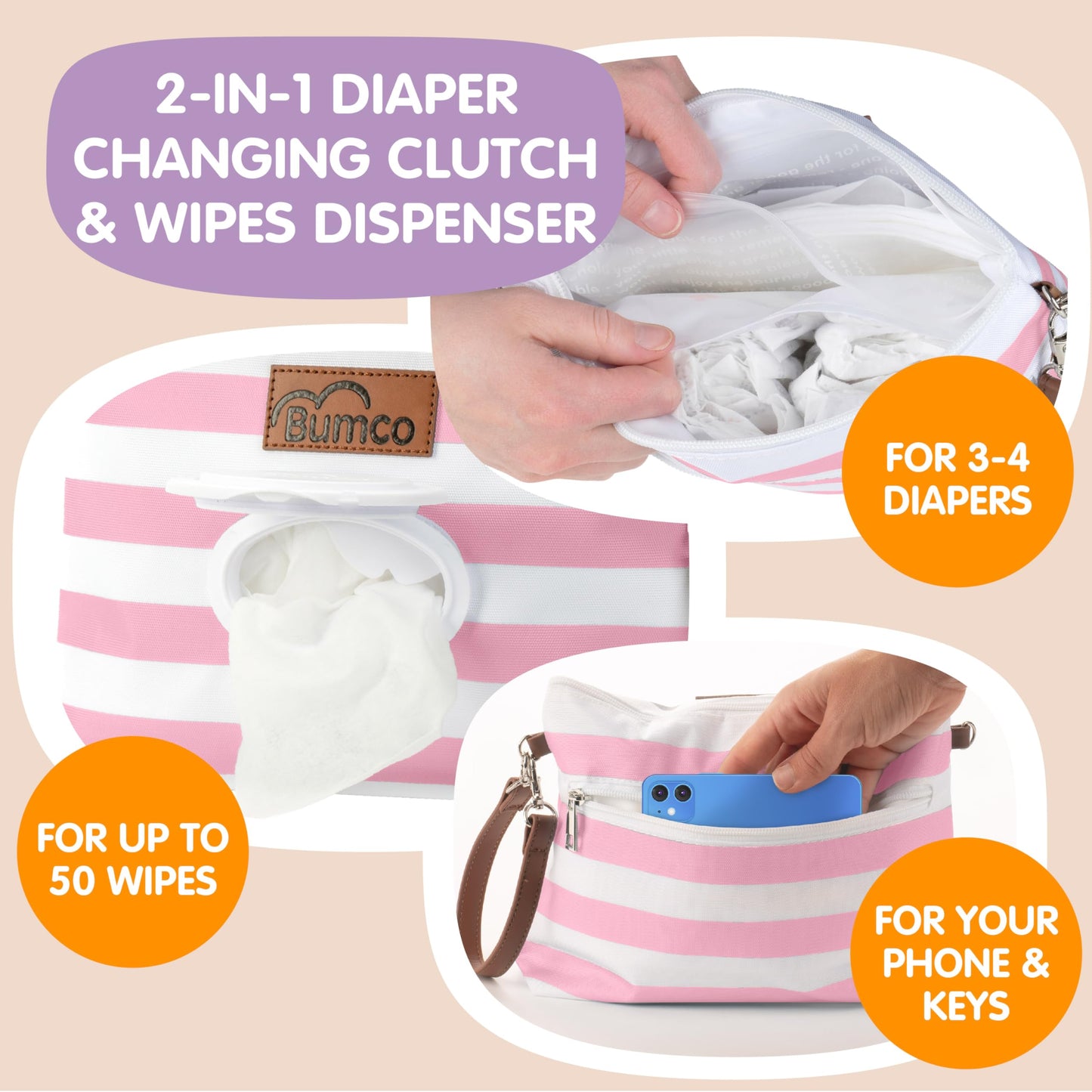 Bumco Diaper Clutch Bag with Refillable Wipes Dispenser - Water Resistant, Lightweight Diaper Pouch with on the go Wipes Dispenser, Portable Baby Wipe Dispenser, (Pink Stripes)