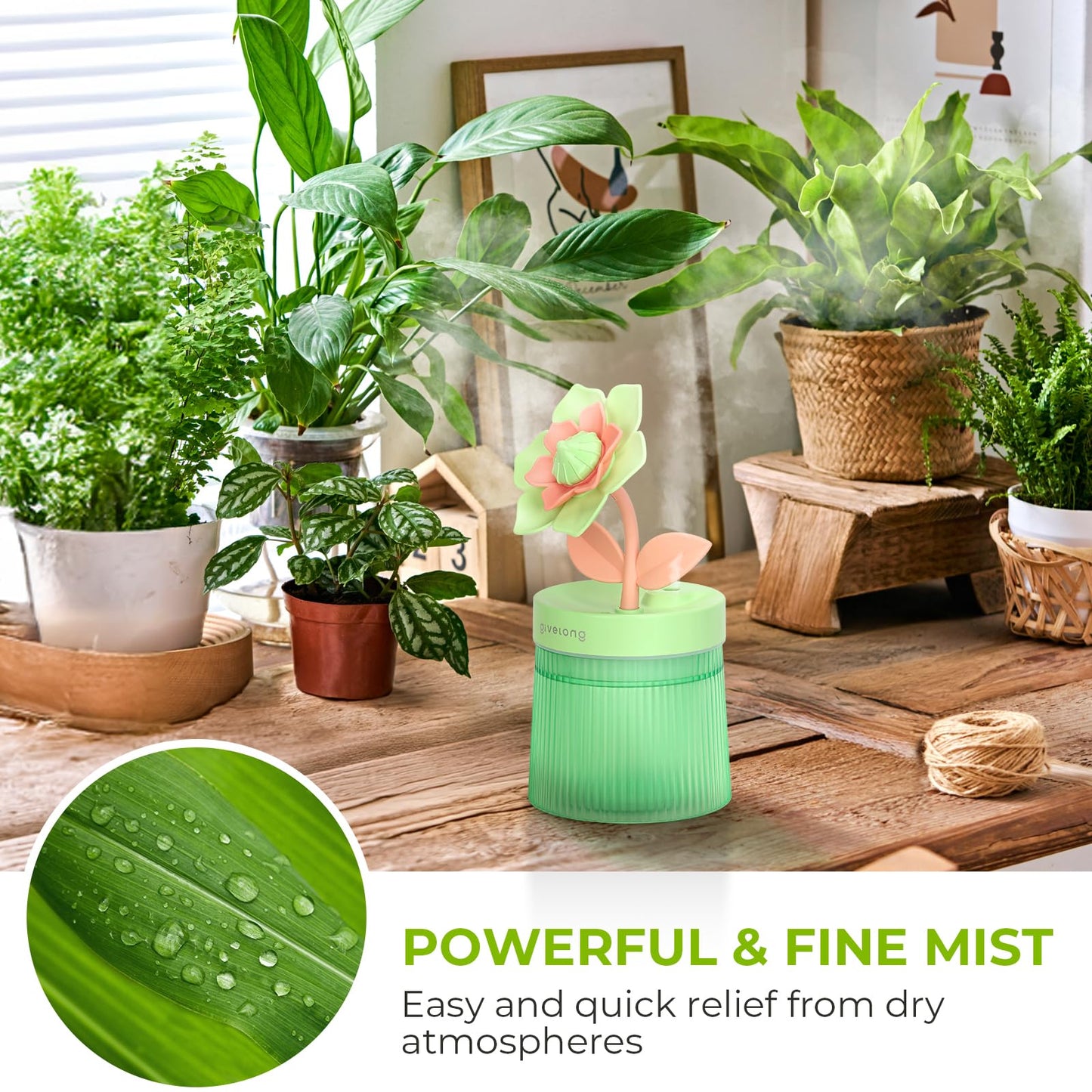 Cute Flower Mini Humidifier, 260ml Gardenia Desktop Humidifiers for Bedroom, Portable Small Cool Mist Humidification for Home, Baby Nursery, Office & Indoor Plants, USB Powered (Pink)