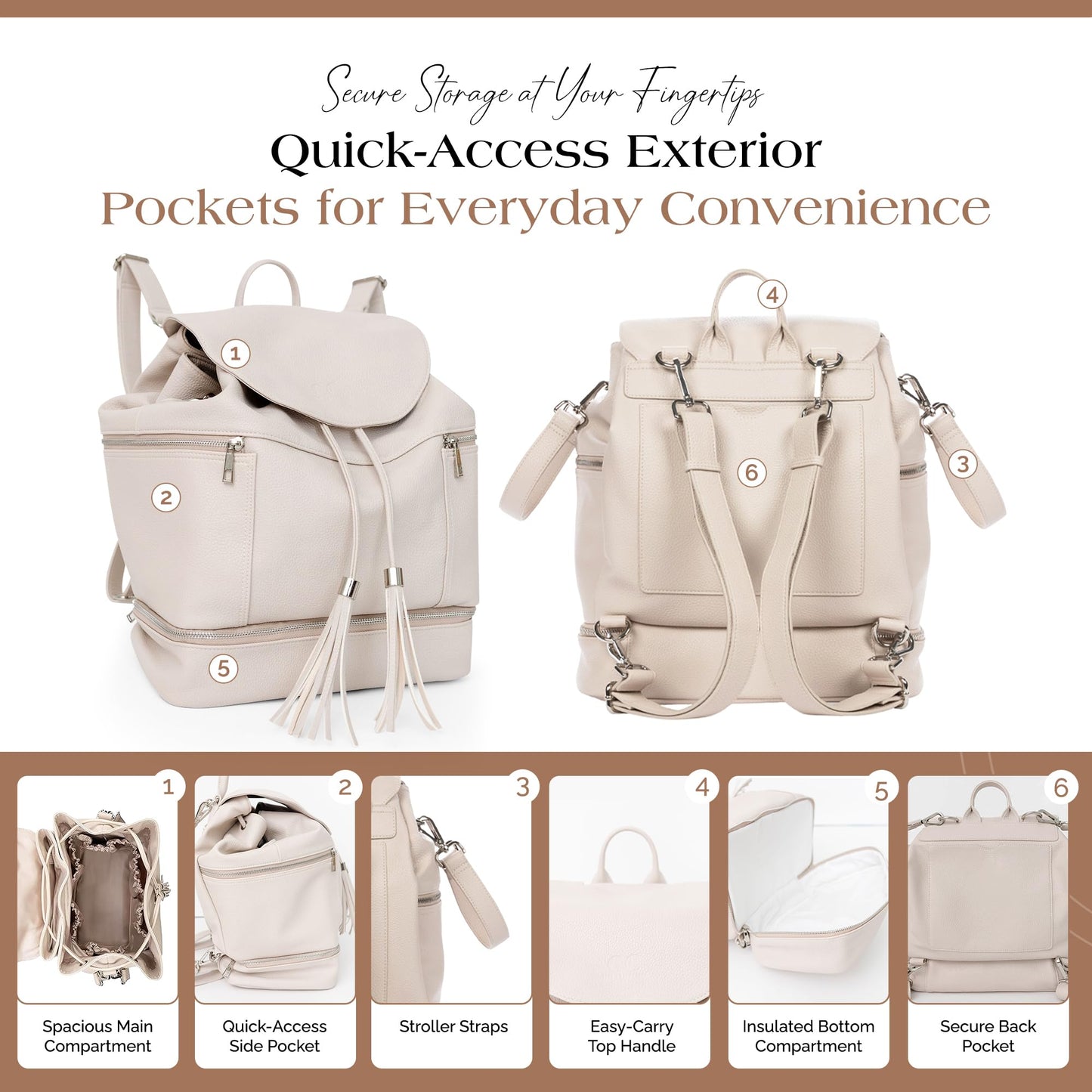 Citi Collective Journey Pearl Vegan Leather Diaper Bag Backpack | Elegant, Multifunctional, Travel Diaper Bag with Changing Pad, Stroller Straps & Insulated Bottle Pockets.