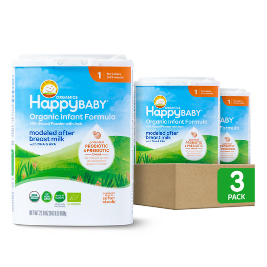 Happy Baby Organics Stage 1 Infant Formula, 0-12 Months, Milk Based Organic Baby Formula Powder with Iron, Probiotics & Prebiotics for Immune & Digestive Support, 22.9 Ounce (Pack of 1)