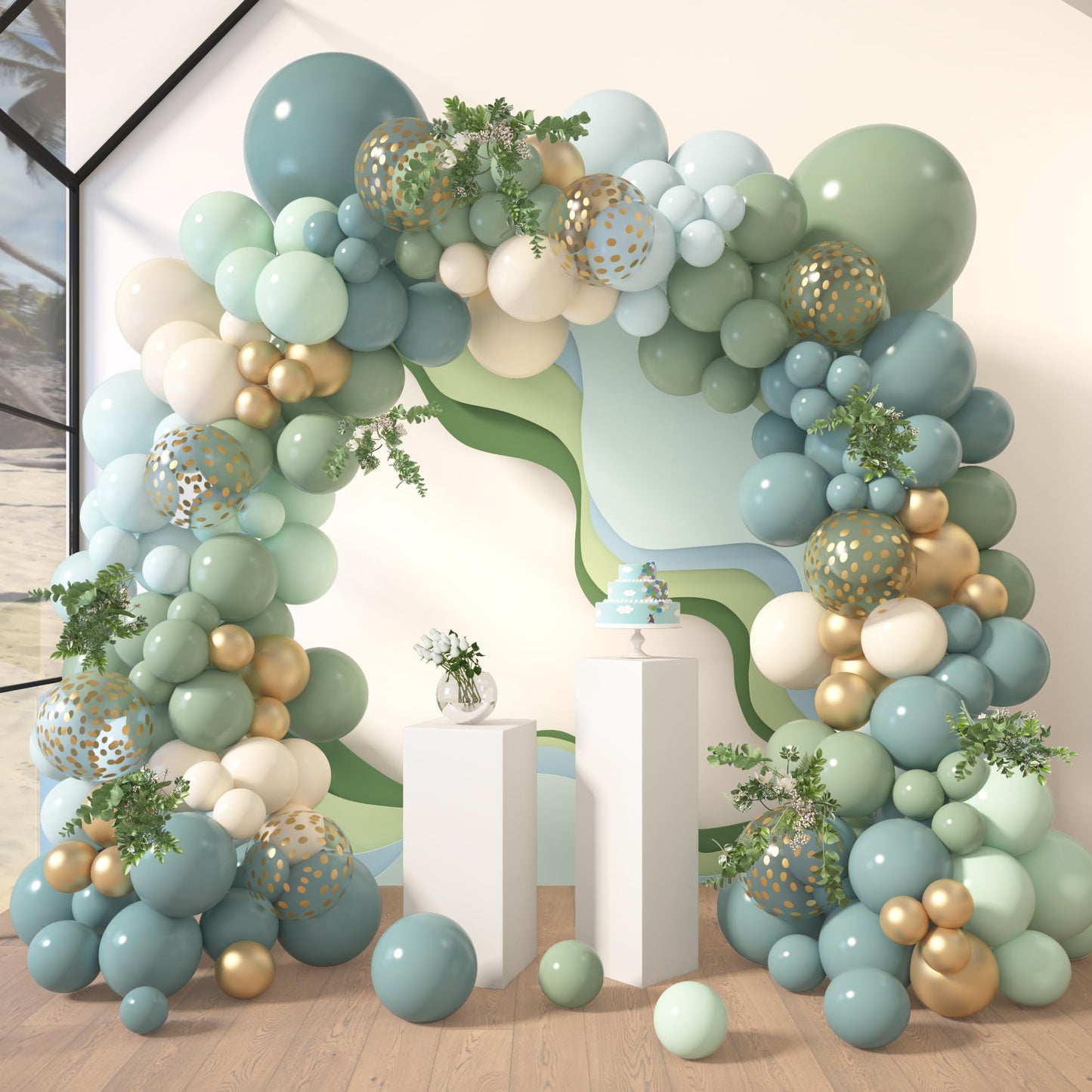 Amandir 173Pcs Pink Blue Green Balloon Arch Garland Kit, Dusty Baby Pink Mauve Pastel Mist Haze Green Blue Gold Confetti Balloons for Baby Shower Gender Reveal Wildflower Birthday Party Decorations