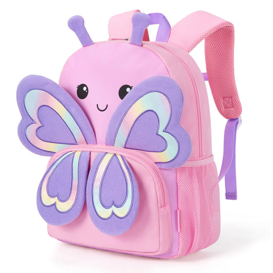 mommore Toddler Backpack for Girls 2-4 Cute 3D Kids Backpack Butterfly Small Pre-K Backpacks Water-Resistant for Preschool Kindergarten with Toddler Leash, Chest Buckle