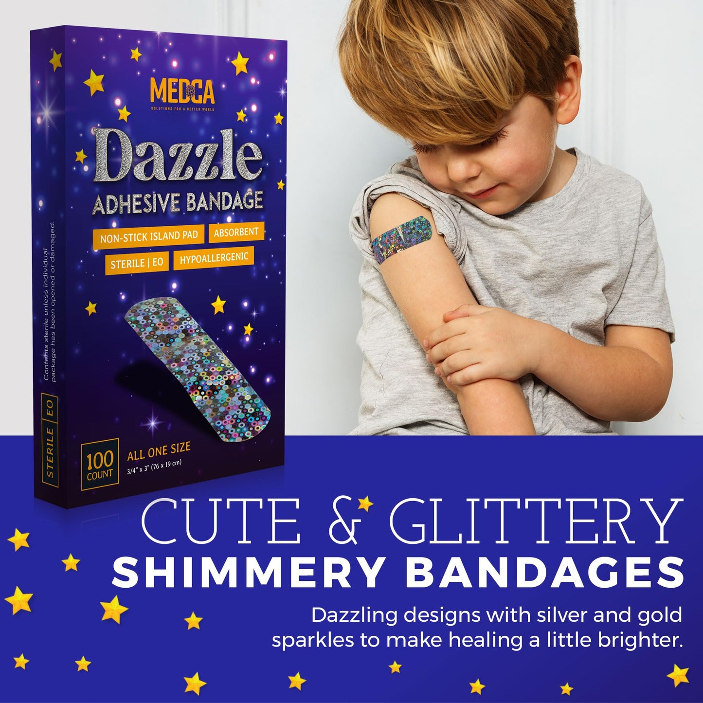 Glitter Bandages for Kids -(100 Count Box) Adhesive Bandage Strips w/Colorful Glitter Design & Latex-Free Individually Wrapped Strips for First Aid, Wound Care, Minor Cuts, Scrapes