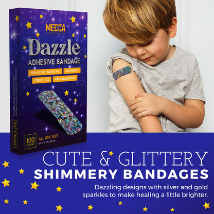 Glitter Bandages for Kids -(100 Count Box) Adhesive Bandage Strips w/Colorful Glitter Design & Latex-Free Individually Wrapped Strips for First Aid, Wound Care, Minor Cuts, Scrapes