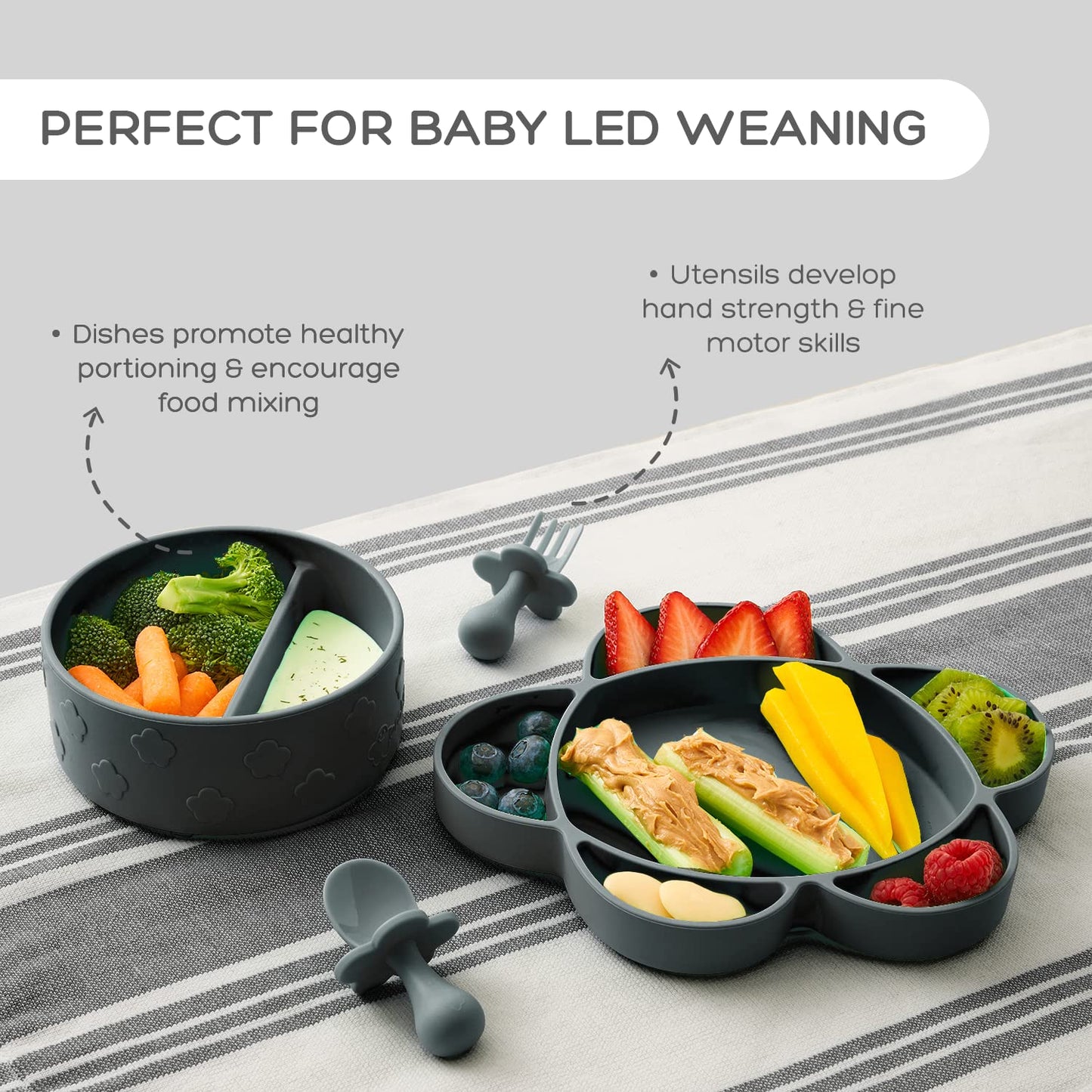 grabease Baby Essentials Must-Haves - Complete Feeding Set for Baby-Led Weaning and Portion Control - Suction Bottoms 4 Piece Set, BPA and Phthalates-Free, Blush