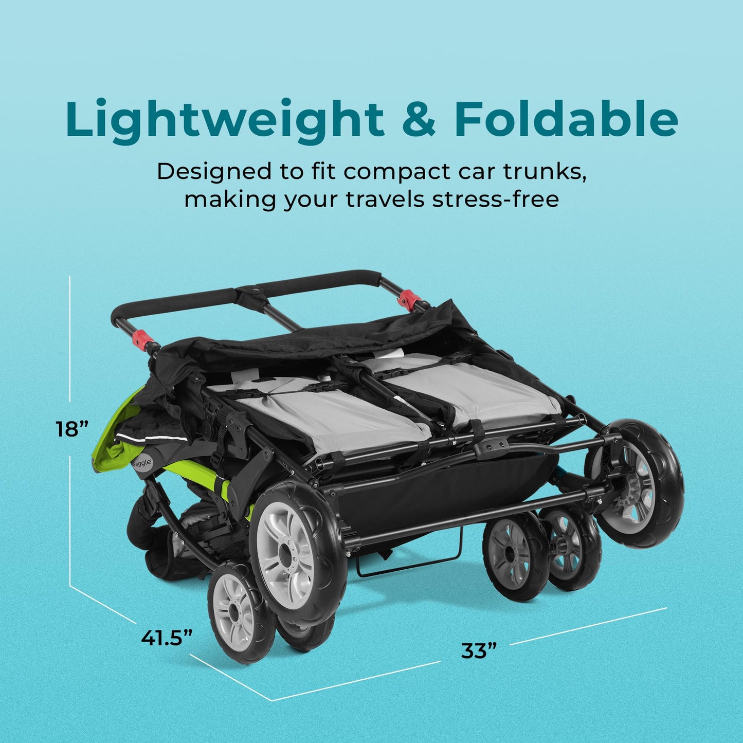 Gaggle by Foundations Compass Quad 4 Seat Stroller | 4-Seat Stroller for Daycare | Oversized UV Blocking Canopy | 5-Point Harness | Easy Loading | Storage Bucket | Black