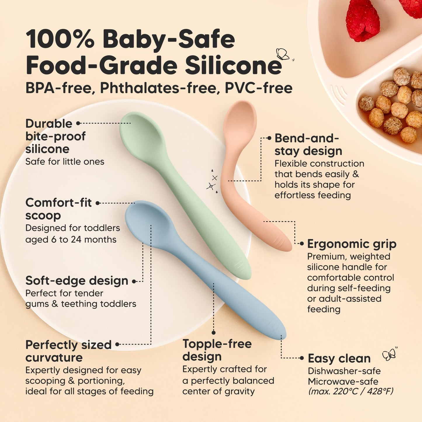 KeaBabies Silicone Baby Spoons, Self Feeding 6-12 months - 3-Pack Baby Weaning Eating Utensils, Toddler First Food Training Spoon, Infant, Kids Feeding Supplies Essential Set, Dishwasher-safe (Slate)