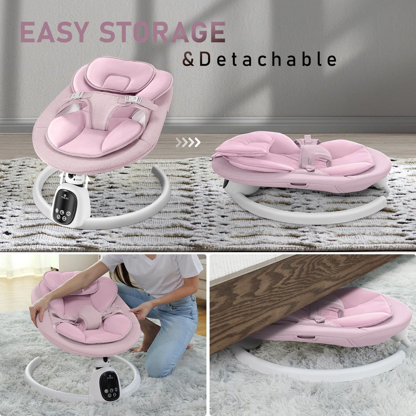 T TICCI Baby Swings for Infants, Smart Portable Baby Swing for Newborn, Bluetooth Infant Swing with Music Speaker, Remote Control Indoor Rocker with 5 Sway Speeds, 0-6 Months, Pink