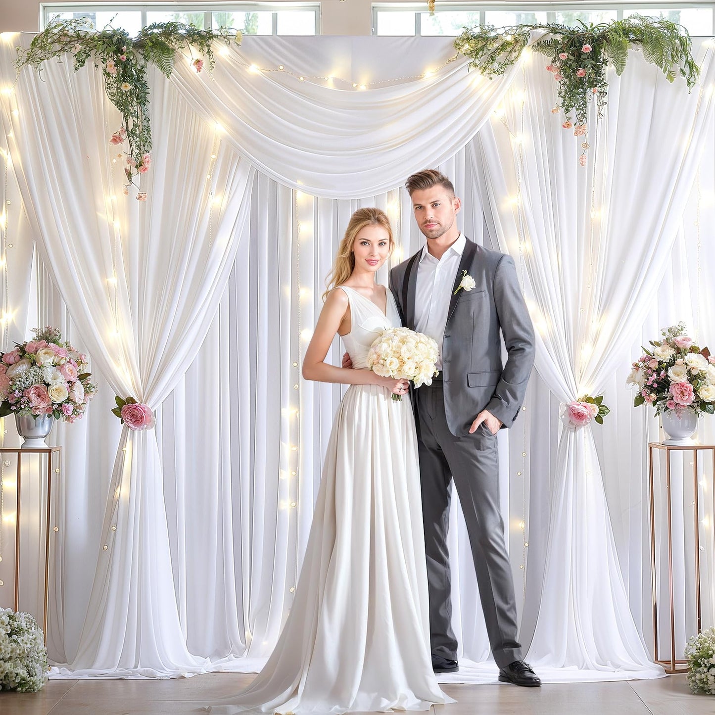 10x10ft Pink Backdrop Curtain with Lights String for Parties Wedding Wrinkle Free Soft Curtains Photo Backdrop Drapes for Girls Birthday Baby Shower Background Decorations 5x10ft, 2 Panels