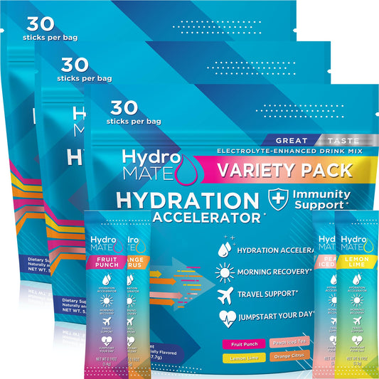 HydroMATE Electrolytes Powder Drink Mix Packets Hydration Accelerator Low Sugar Rapid Party Recovery Plus Vitamin C Variety Pack 30 Count