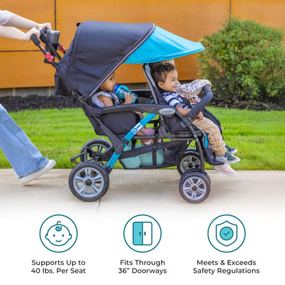 Gaggle by Foundations Compass Quad 4 Seat Stroller | 4-Seat Stroller for Daycare | Oversized UV Blocking Canopy | 5-Point Harness | Easy Loading | Storage Bucket | Black