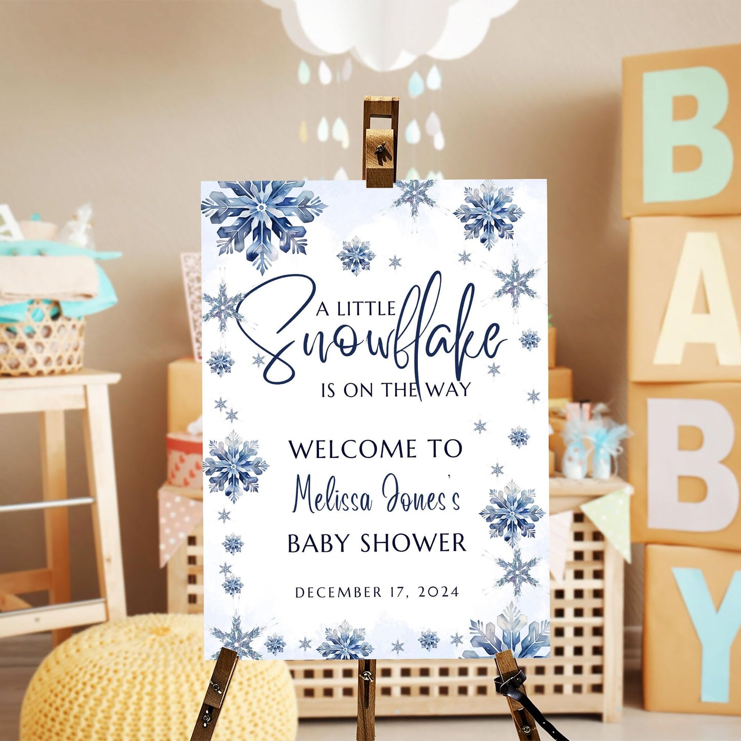 Personalized A Little Snowflake Is On The Way Welcome Sign, Pink, Girl, Winter Baby Shower Canvas
