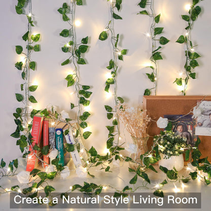 suddus Vine with Fairy Lights Battery Operated, 33ft 100 LED Ivy String Lights with Remote, Leaf Lights for Bedroom, Room, Wall, Garden, Party, Wedding Decor (Warm White)
