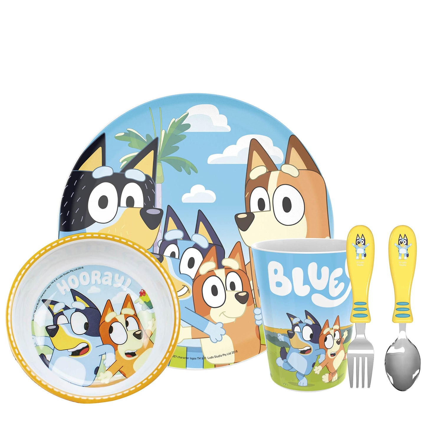 Zak Designs 5-Piece Dinnerware Set, Baby Shark - Durable Plastic & Stainless Steel - Includes Water Bottle, 8-Inch Plate, 6-Inch Bowl, Fork & Spoon - Suitable for Kids Ages 3+