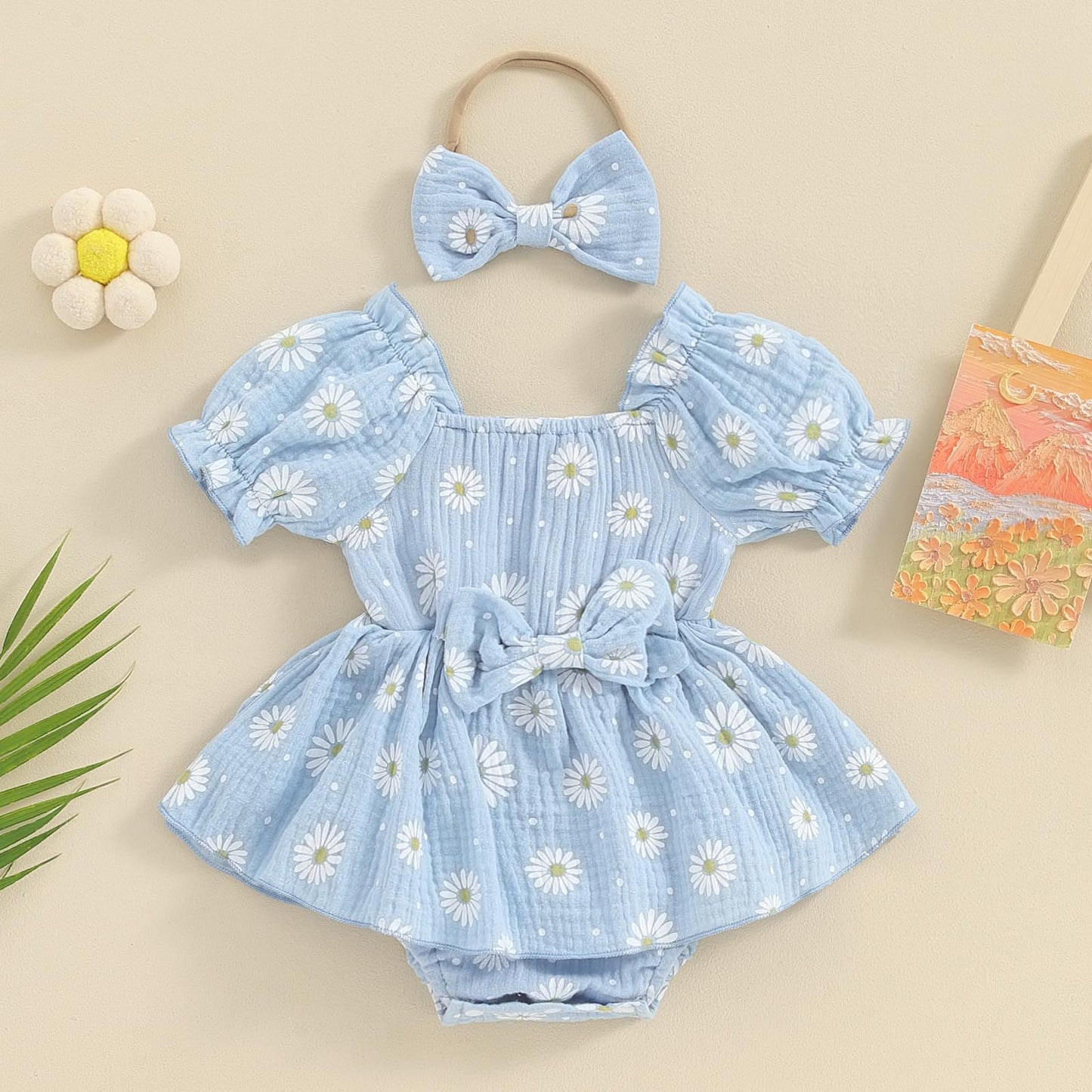 Baby Girls Daisy Romper Bowknot Bodysuit+Headband Short Sleeve Playsuits Floral Jumpsuit Infant Summer Clothes