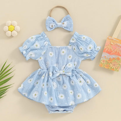 Baby Girls Daisy Romper Bowknot Bodysuit+Headband Short Sleeve Playsuits Floral Jumpsuit Infant Summer Clothes