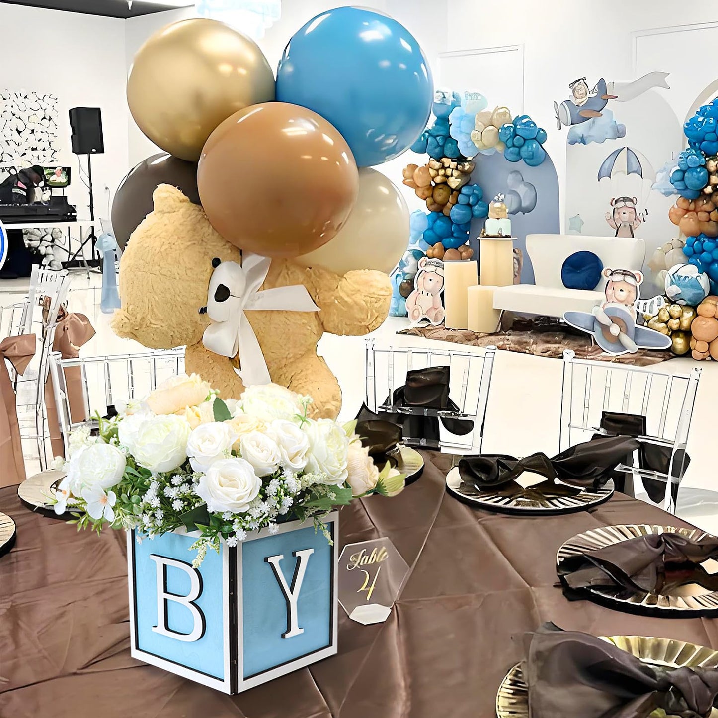 4 Set Baby Shower Centerpieces for Tables - 6 inch Wooden Boxes with Baby Letters Rustic Cube Planter Wood Blocks for Boy Girl Gender Reveal Party Favor (Blue)