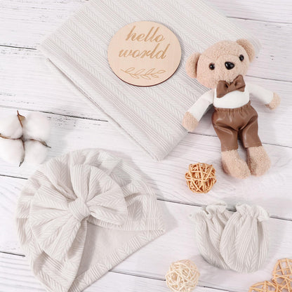 Newborn Receiving Blanket with Bow Hat Mittens Wooden Card Set Wheat-Pattern Newborns Toddler Baby Boy Girl Nursery Swaddle Wrap