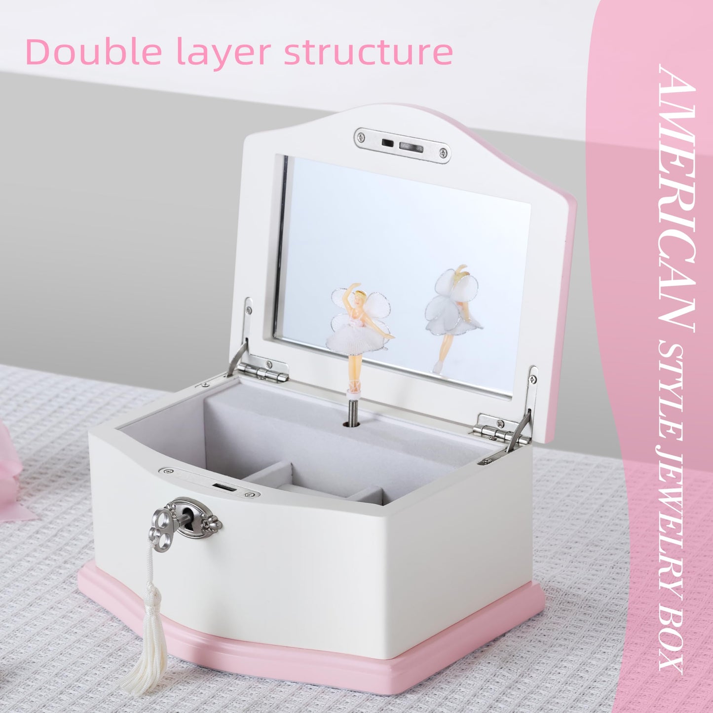Medium Pink Ballerina Musical Jewelry Box with Mirror and Lock for Girls,Pink Kid's Jewelry Storage Music Chest,Gifts for Christmas,New Year and All Hoidays