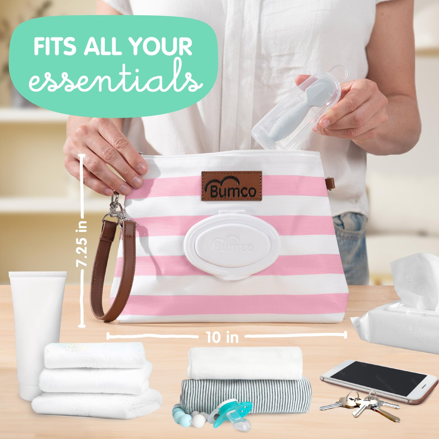 Bumco Diaper Clutch Bag with Refillable Wipes Dispenser - Water Resistant, Lightweight Diaper Pouch with on the go Wipes Dispenser, Portable Baby Wipe Dispenser, (Pink Stripes)