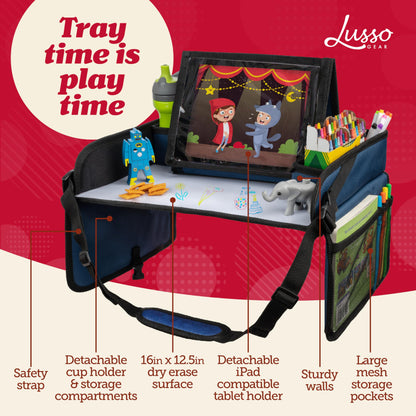 Lusso Gear Kids Travel Tray 2-Pack for Car Seats - Car Seat Tray with Tablet Stand, Mesh Pockets and Cup Holder - Road Trip Essentials Organizer and Activity Desk (Black)