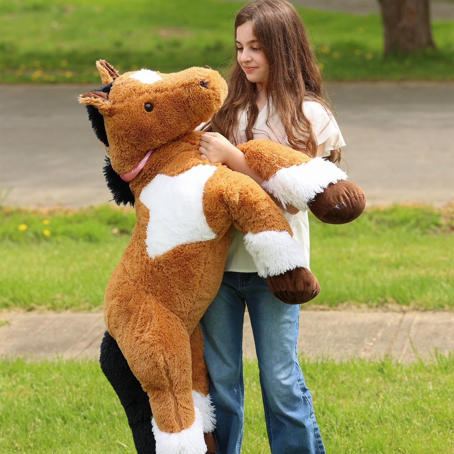 Tezituor 47 Inch Giant Horse Stuffed Animal, 4ft Realistic Chocolate Stuffed Horse Plush Toy, Hugging Soft Horse Pony Plush Pillow for Boys Girls,