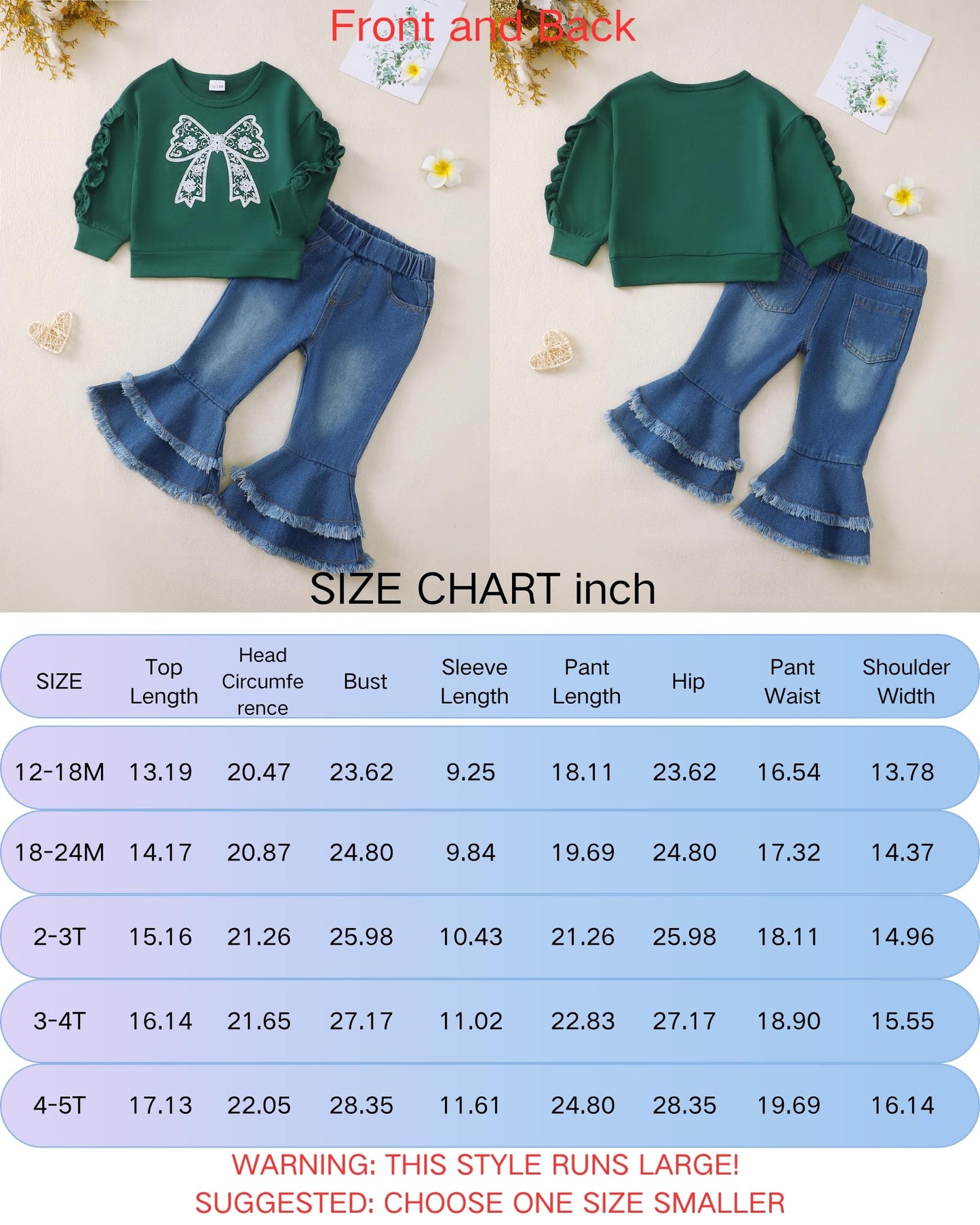 Renotemy Toddler Baby Girl Clothes Fall Winter Outfit, Bow Sweatshirt Denim Bell Bottom Jeans Outfits for 1-5 Year Girls