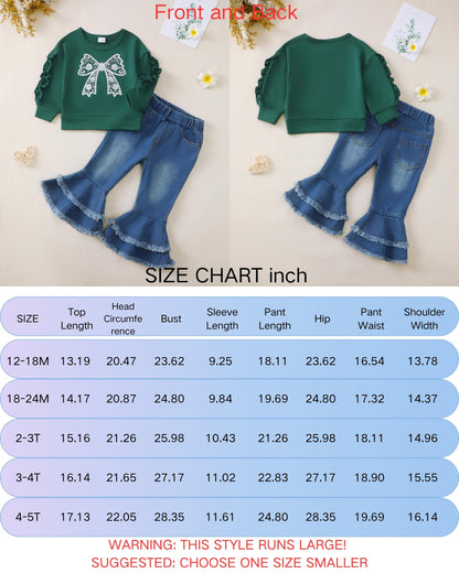 Renotemy Toddler Baby Girl Clothes Fall Winter Outfit, Bow Sweatshirt Denim Bell Bottom Jeans Outfits for 1-5 Year Girls