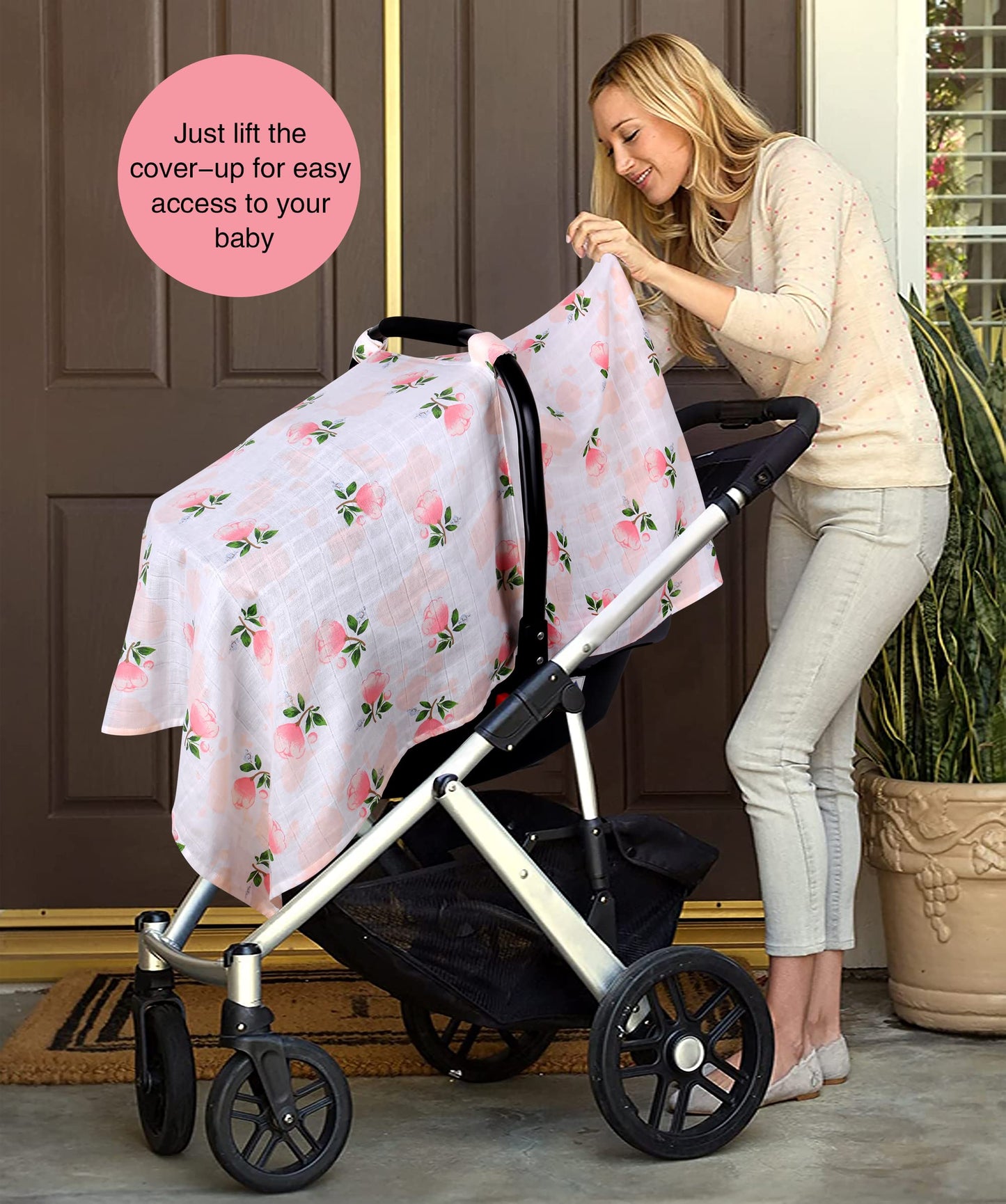 Rquite Car Seat Cover, Muslin Cotton Infant Car Seat Canopy, Breathable Baby Carrier Cover, Summer Stroller Sun Shade, Flower