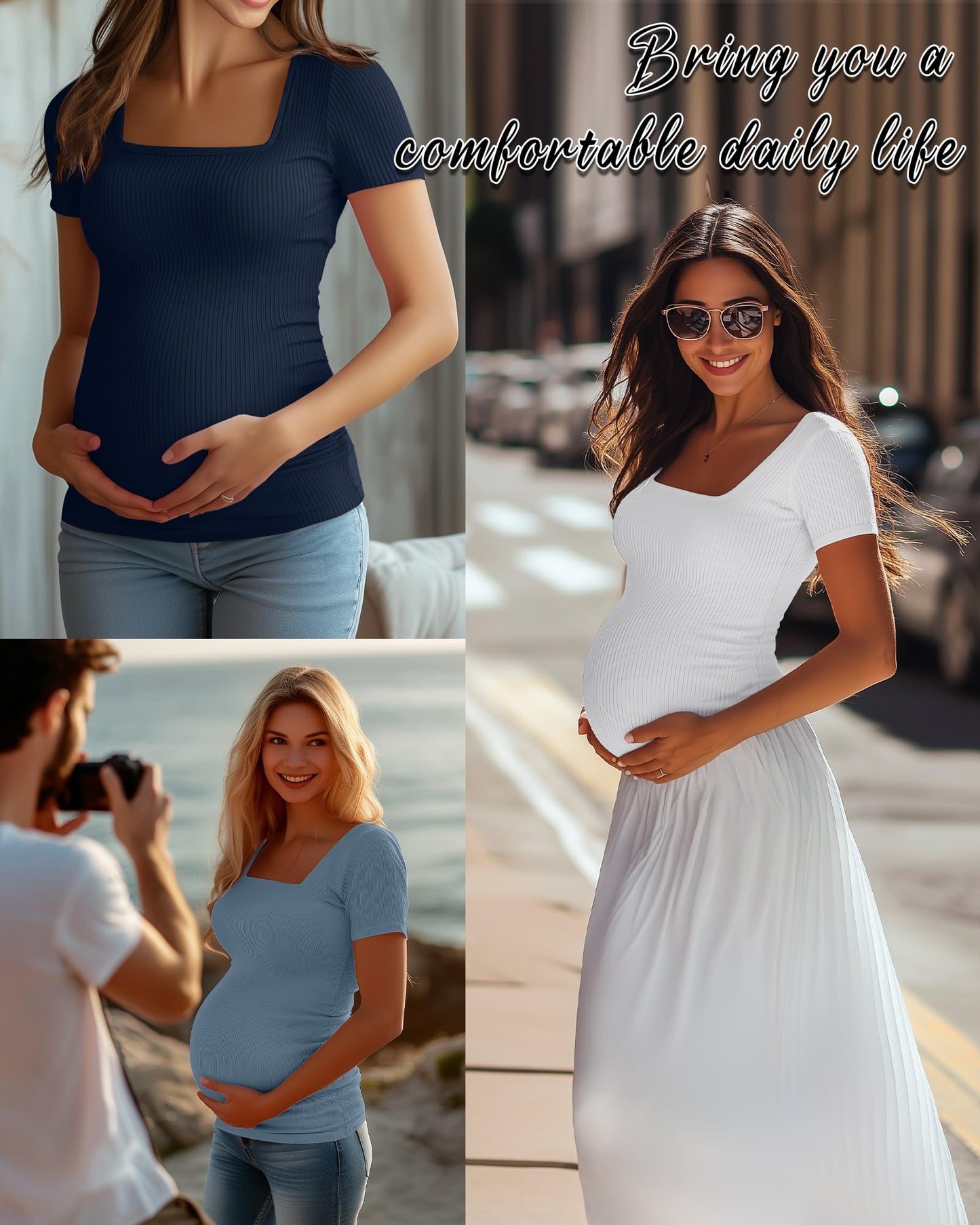 Huukeay 4 Pack Women's Maternity Shirts Cotton Ribbed Short Sleeve Square Neck Pregnancy Tops Side Ruched Summer Tee