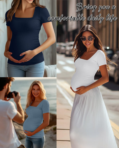 Huukeay 4 Pack Women's Maternity Shirts Cotton Ribbed Short Sleeve Square Neck Pregnancy Tops Side Ruched Summer Tee
