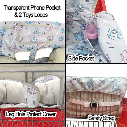 Soft Pillow Attached 2-in-1 Shopping Cart and High Chair Cover for Baby, Cotton Padded Cart Cover, Fold'n Roll Style, Portable with Carry Bag (Blue Elephant)