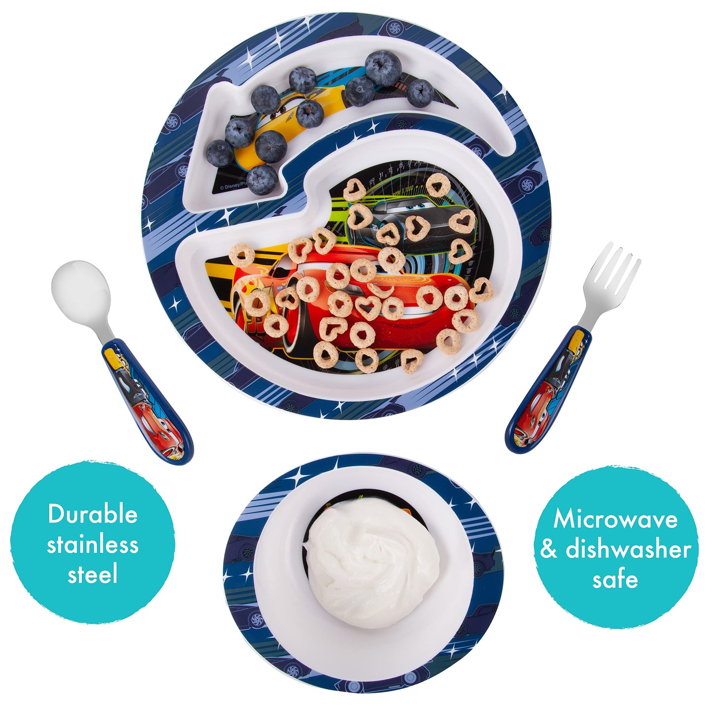The First Years Bluey 4-Piece Place Setting - BPA Free Dishwasher Safe Toddler Dinnerware Set with Divided Plate, Bowl, Fork, Spoon - Multicolor