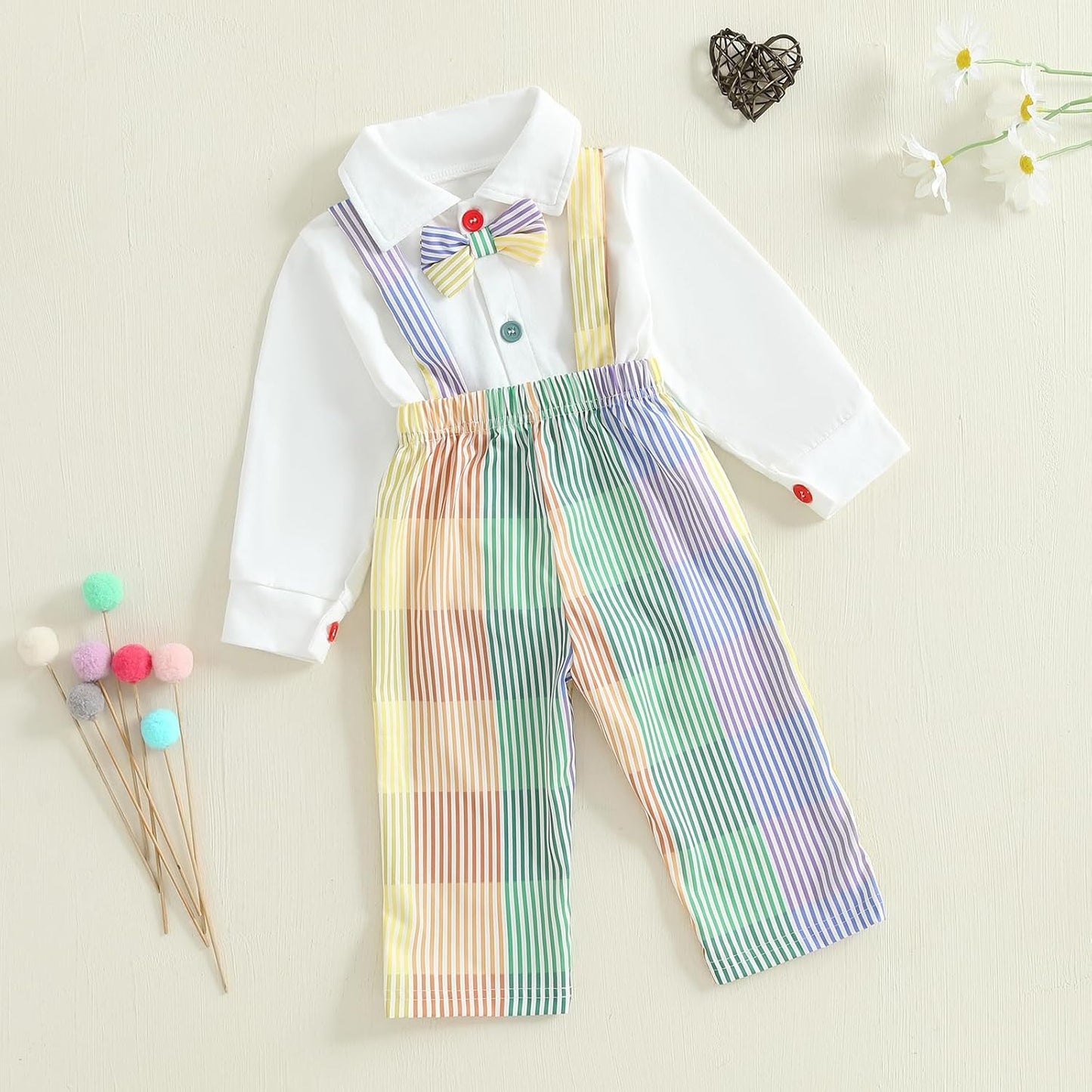 Infant Baby Boy Gentleman Outfit Long Sleeve Romper Bowtie Rainbow Striped Suspender Pants Set Dress Clothes Fall