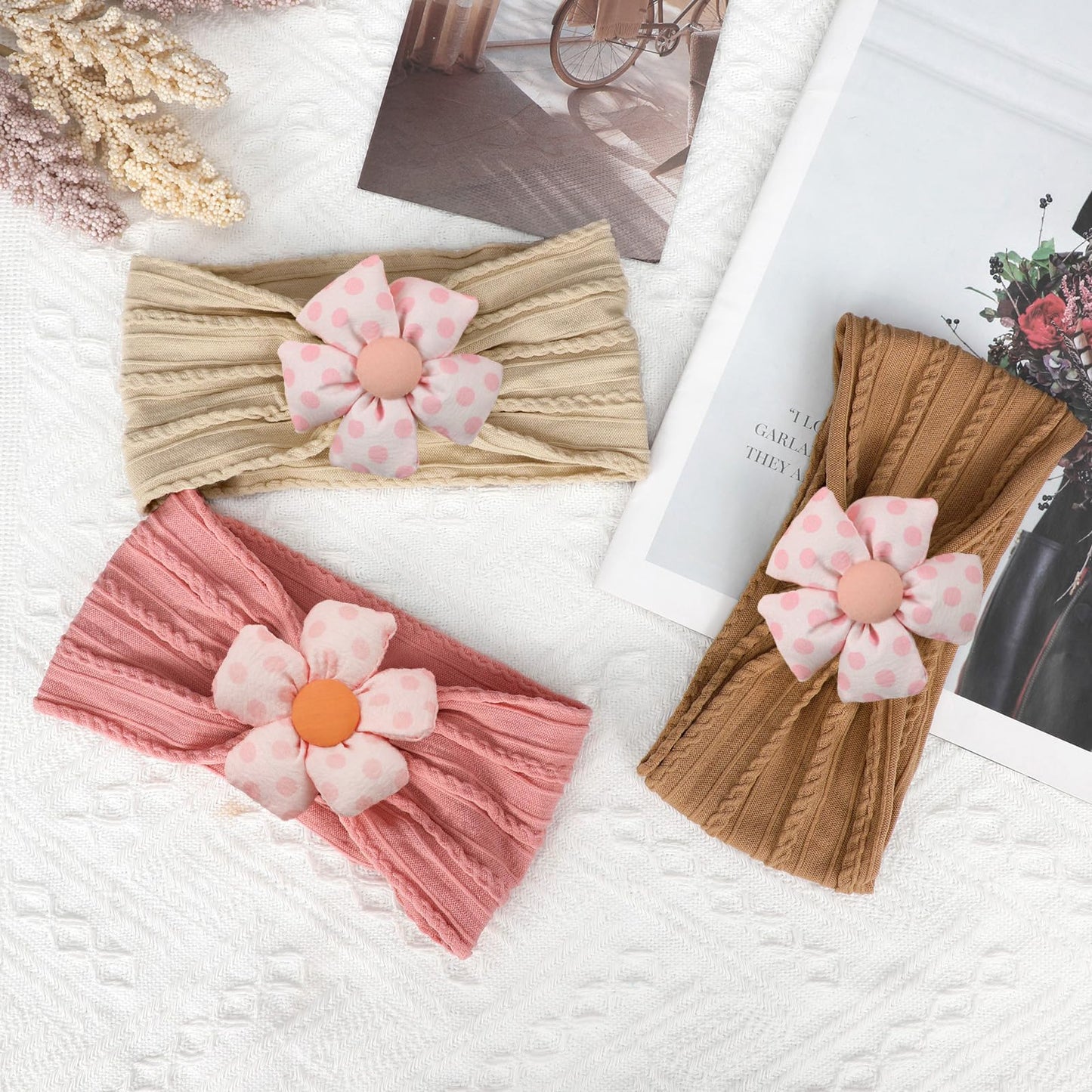 3 Pcs Baby Flower Headbands Baby Girls Nylon Headband Soft Hairbands Hair Accessories for Newborn Infant Toddler Kids (Beige Pink Khaki)