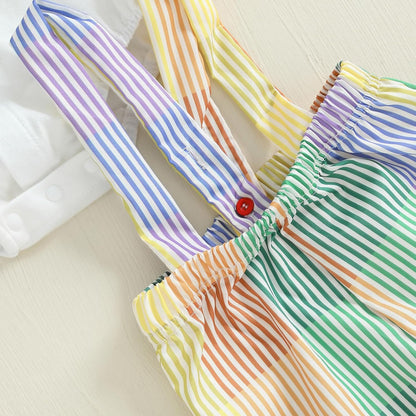 Infant Baby Boy Gentleman Outfit Long Sleeve Romper Bowtie Rainbow Striped Suspender Pants Set Dress Clothes Fall