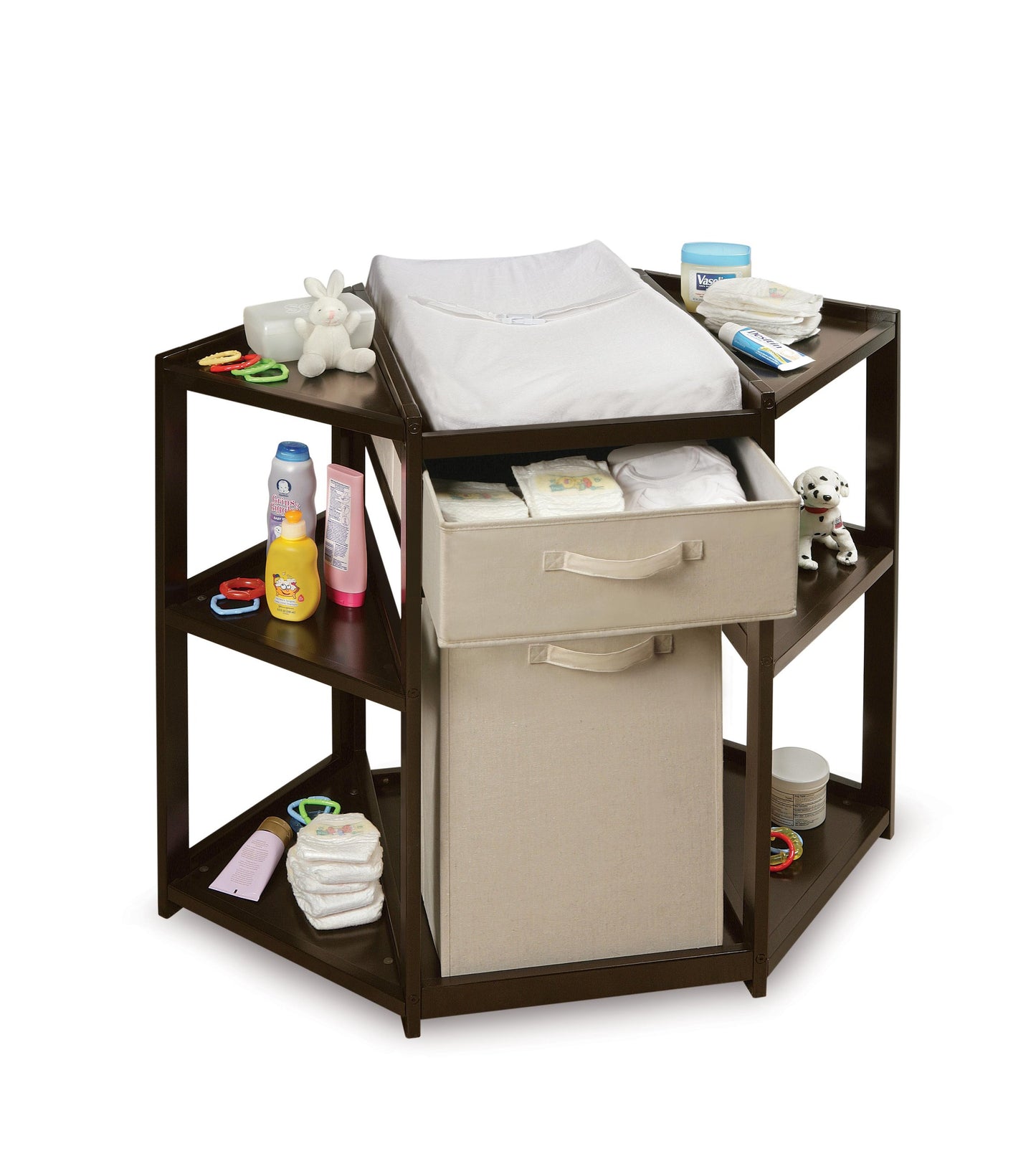 Badger Basket Diaper Corner Baby Changing Table – Space-Saving White Nursery Station with Hamper, Basket & Changing Pad