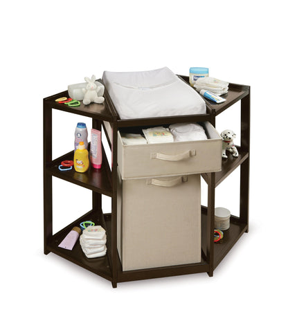 Badger Basket Diaper Corner Baby Changing Table – Space-Saving White Nursery Station with Hamper, Basket & Changing Pad