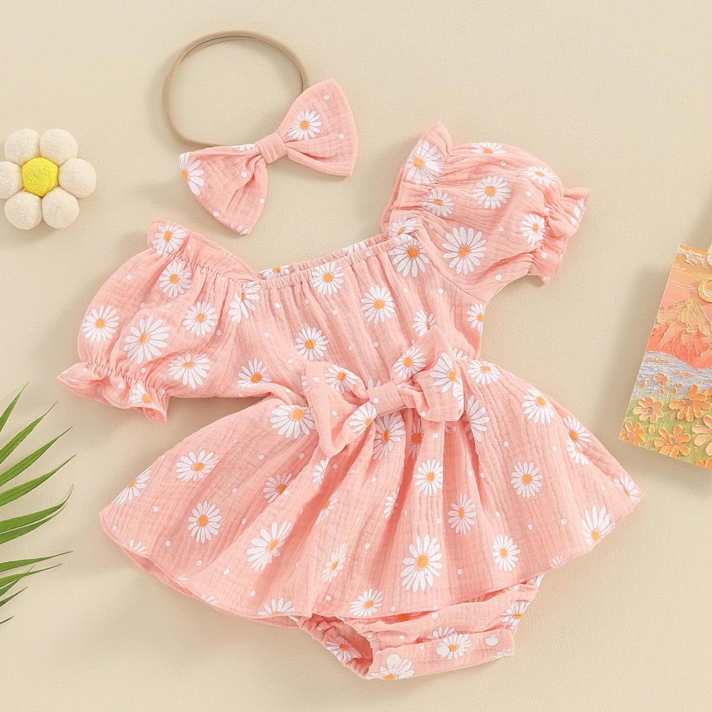 Baby Girls Daisy Romper Bowknot Bodysuit+Headband Short Sleeve Playsuits Floral Jumpsuit Infant Summer Clothes